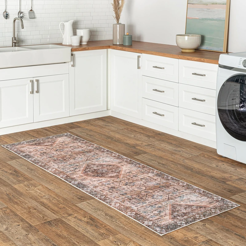 nuLOOM Devin Machine Washable Vintage Medallion Runner Rug, 2' 6" x 8', Light Brown