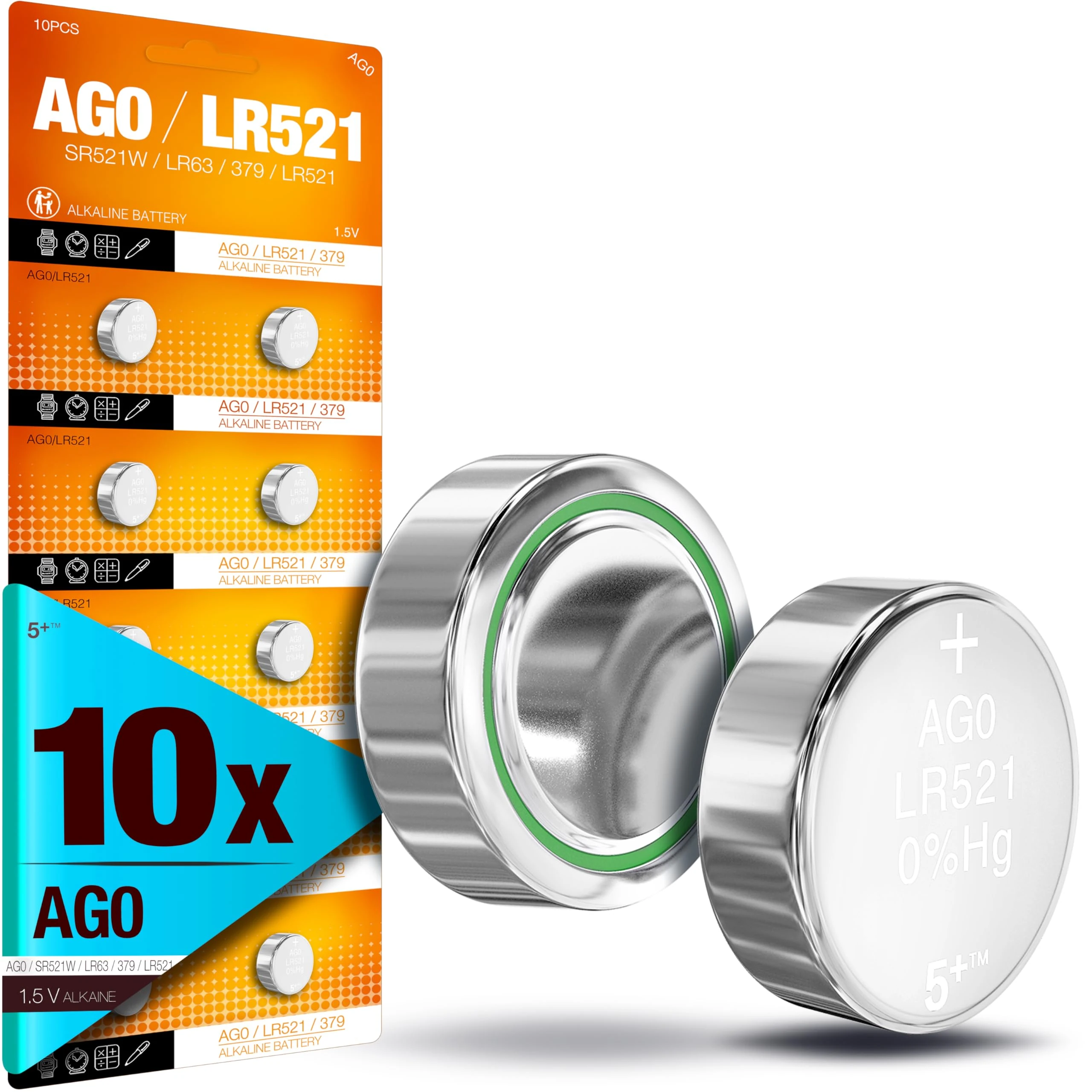 5Plus Group 10 Pcs AG0 LR521 379 SR521 Alkaline Button Cell Batteries – Ideal for Watches, Calculators, Toys, Lasers, Clocks, Thermometers & More