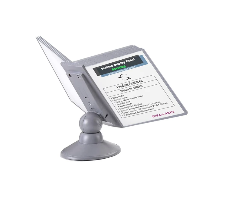 TUKA-i-AKUT Rotating Display Board Desk System, with 10 Display Panels A4, Table Lectern Display Panel Stand with Panels for Storing Consultation and Presentation Documents, TKD8221 Grey