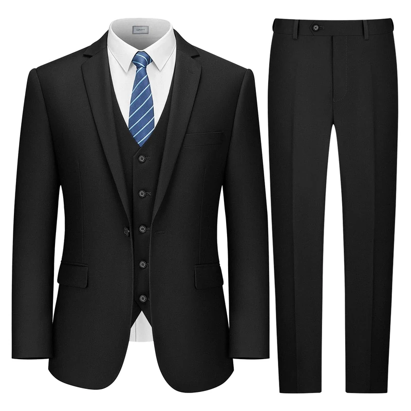 LUPURTY Suits for Men, Men's Suits Slim Fit, Solid Jacket Vest Pants with Tie, One Buttons Suit Set., Black, X-Small