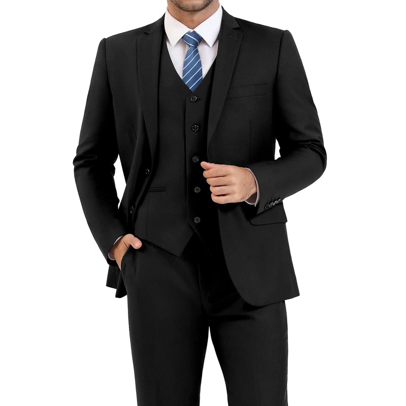 LUPURTY 3 Piece Suits for Men Slim Fit Men's Suit for Business Wedding Party 2 Button Blazer Tuxedo Set Jacket Vest Pants, Black, M - Image 1