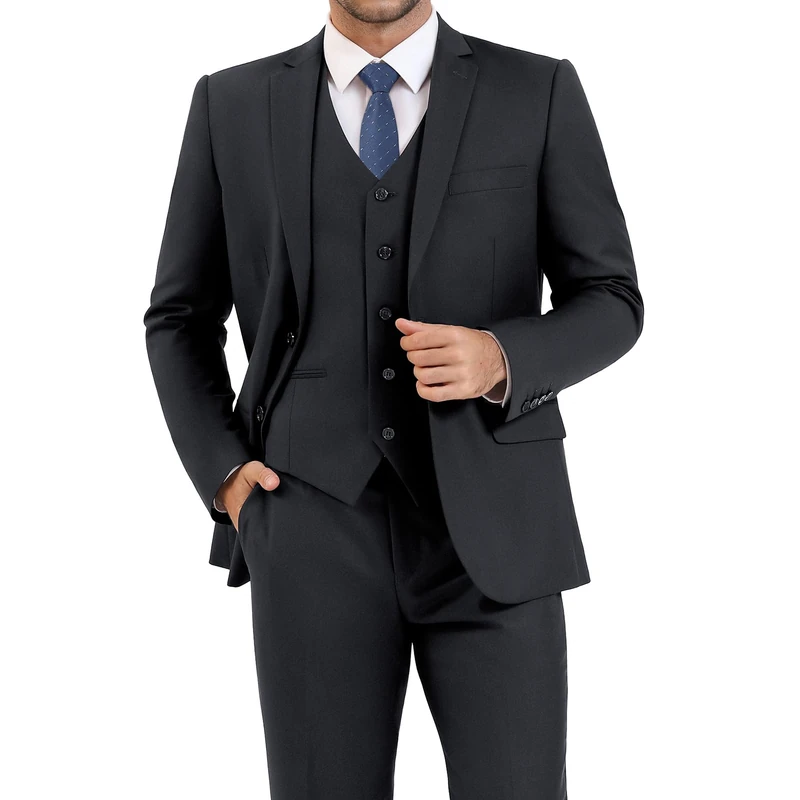 LUPUTY Suits for Men, 3PC Black Men's Suits Slim Fit, Solid Jacket Vest Pants with Tie, Two Buttons, Gray, Medium