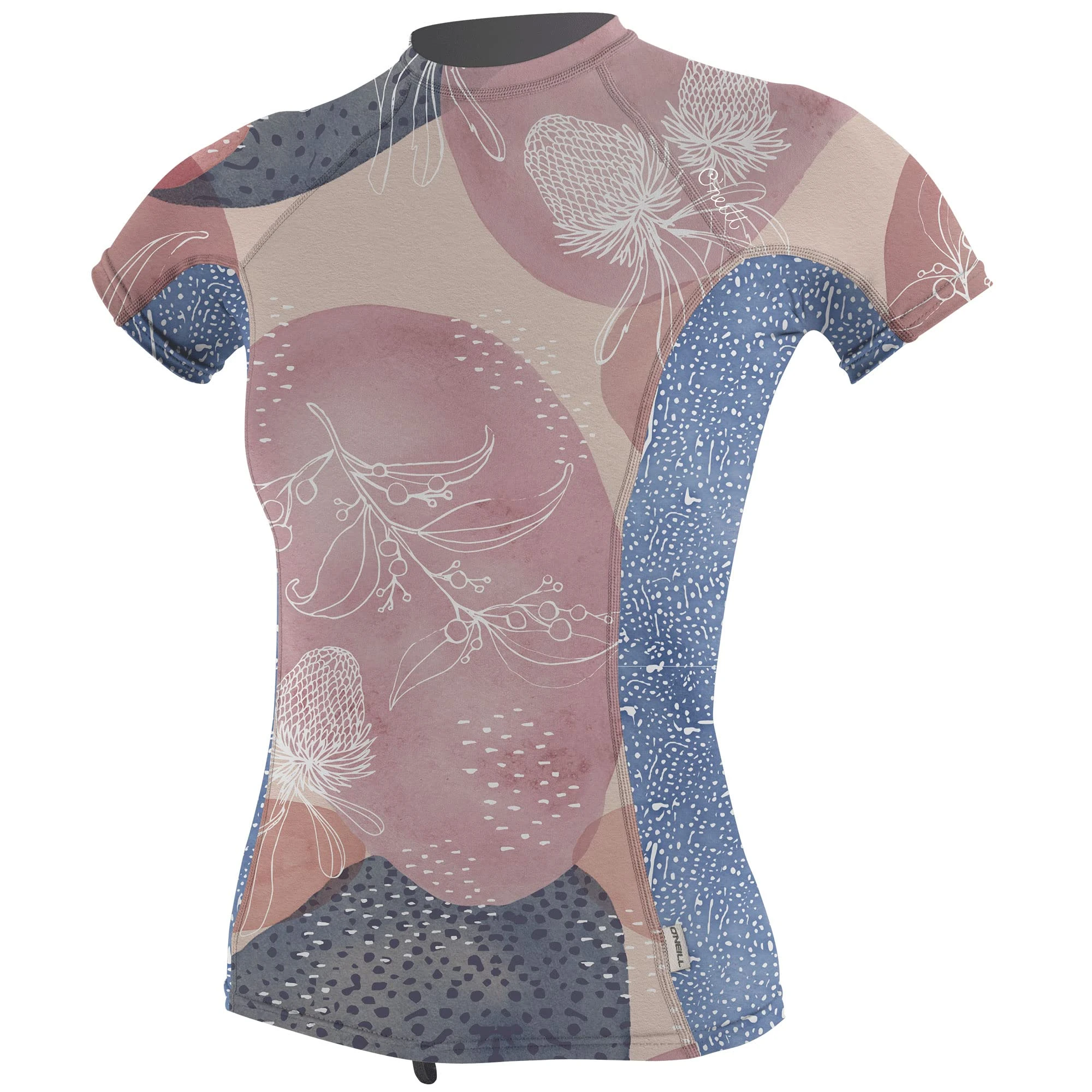 O'Neill Wetsuits Women's Standard Side Print Short Sleeve Rash Guard, Desert Bloom/Drift Blue, Medium