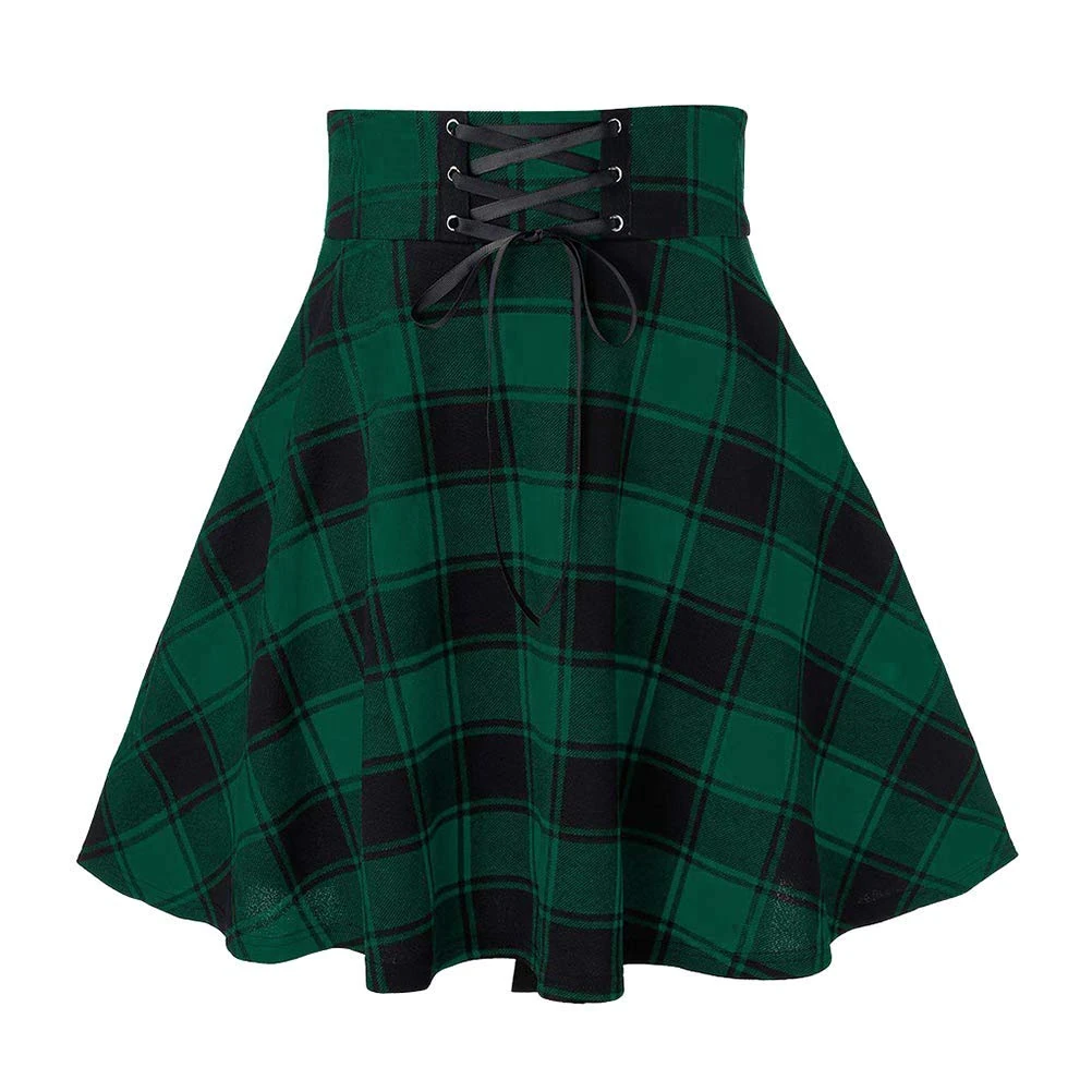 IDEALSANXUN Gothic Plaid Mini Skirts for Womens Kawaii Aline Pleated Short Skater Skirts, Plaid Green, XX-Small
