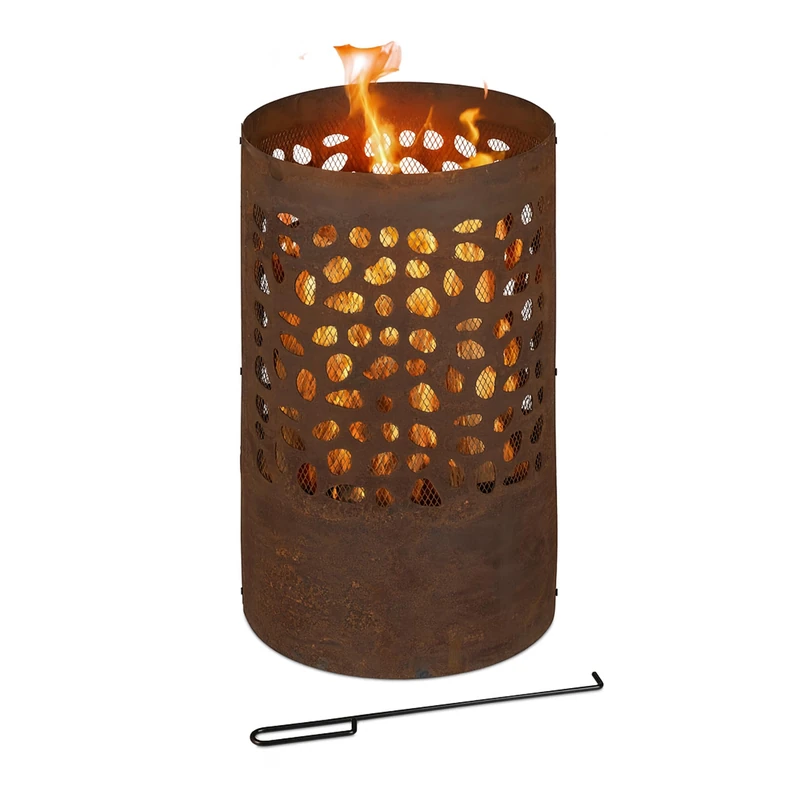 Relaxdays Rustic Fire Barrel with Grate, Poker, Spark Protection, H x Ø: 60 x 37 cm, Stone Pattern, Corten Steel, Brown