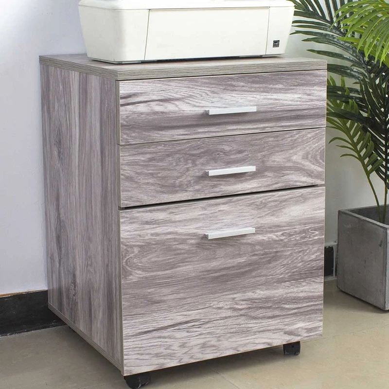 BAKAJI Chest of Drawers Mobile Desk Cabinet Printer Holder MDF Wood with 3 Drawers and 4 Swivel Wheels Modern Design Home Office Furniture Size 46.5 x 45 x 64 cm (Grey) - Image 1
