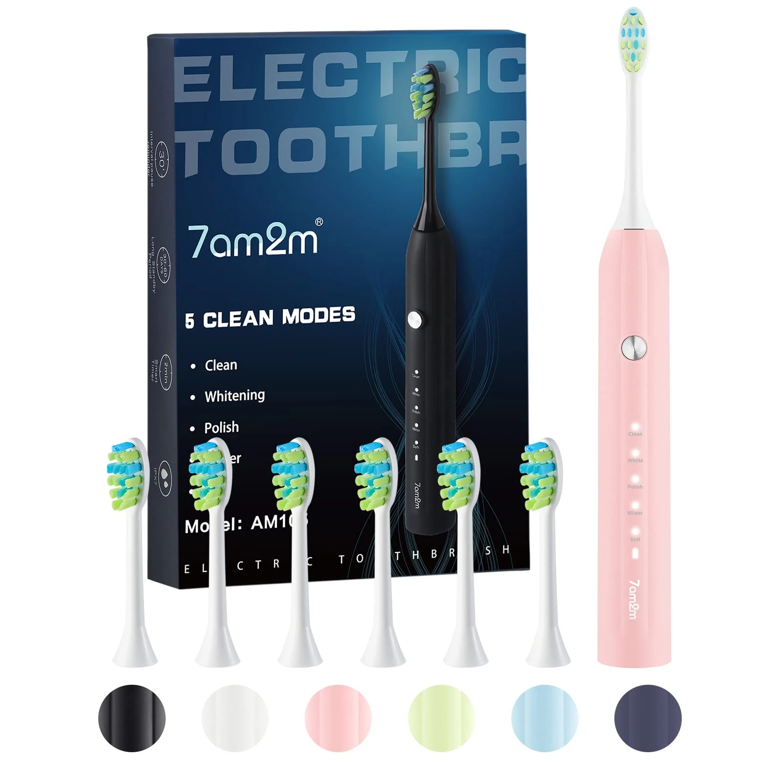 7AM2M Sonic Electric Toothbrush for Adults and Kids, One Charge for 90 Days, with 6 Brush Heads, 5 Modes with 2 Minutes Build in Smart Timer, Roman Column Handle Design (Pink)