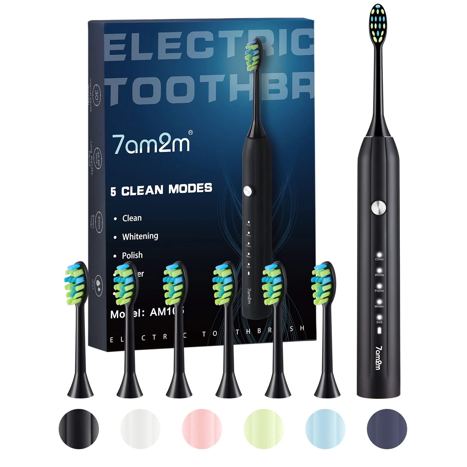 7AM2M Sonic Electric Toothbrush for Adults and Kids with 6 Brush Heads, 5 Modes with 2 Minutes Build in Smart Timer, One Charge Use for 90 Days, Rechargeable Toothbrushes (Black)
