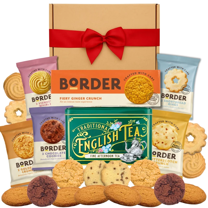 Border Biscuits Gift Set Afternoon Tea Hamper with Border Ginger Crunch 135g, English Afternoon Teabags in a Luxury Tin (40 Teabags) and x10 Border Biscuits - The Perfect Tea and Biscuits Gift Set
