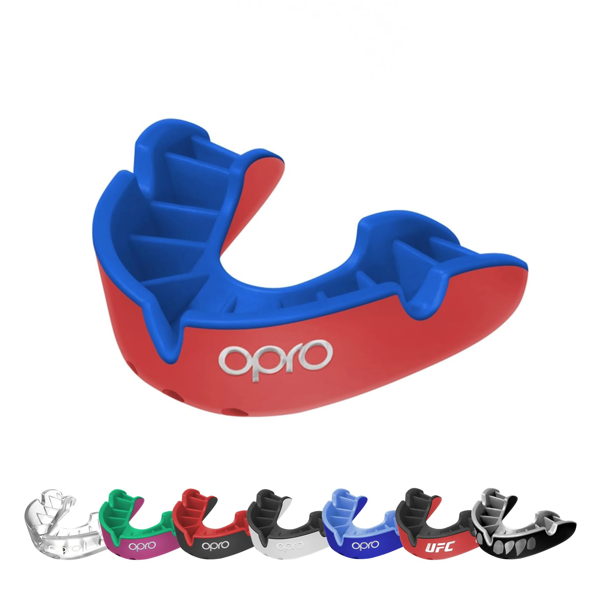 OPRO Silver Mouthguard Essential Fit (Red/Dark Blue) – Gum Shield Adult (Age 10+) – OPRO Mouth Guard Boxing & MMA, Easy Self-Fit Gum Shield Rugby and Hockey – Superior Protection with Dental Warranty