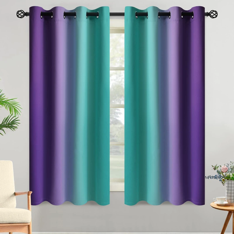 Yakamok Ombre Teal and Purple Curtains for Bedroom, Gradient Room Darkening Curtains, Grommet Thermal Insulated Light Blocking Window Drapes/Curtain for Living Room,52 x 63 Inch,2 Panels