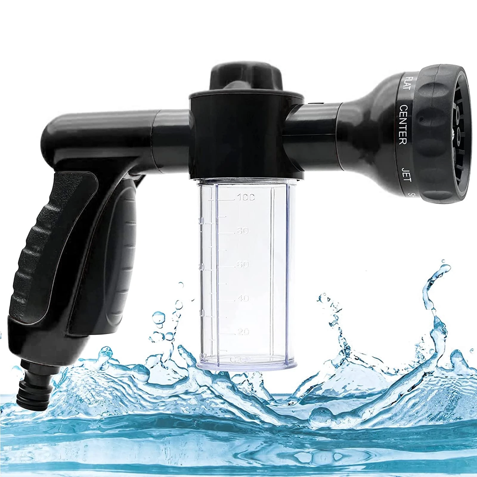 Garden Foam Spray Gun, 8 Patterens Adjustable Foam Garden Sprayer with Soap Dispenser, High-Pressure Hose Attachment with Reservoir for Lawn/Garden Watering Car Washing Pet Bathing Fertiliser Black