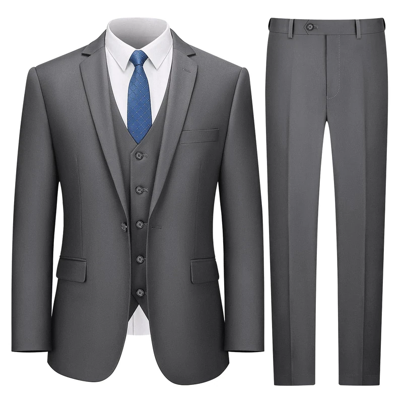 LUPURTY Suits for Men, 3 Piece Men's Suit Slim Fit, Solid Jacket Vest Pants with Tie, One Button Tuxedo Set, Dark Gray, XS