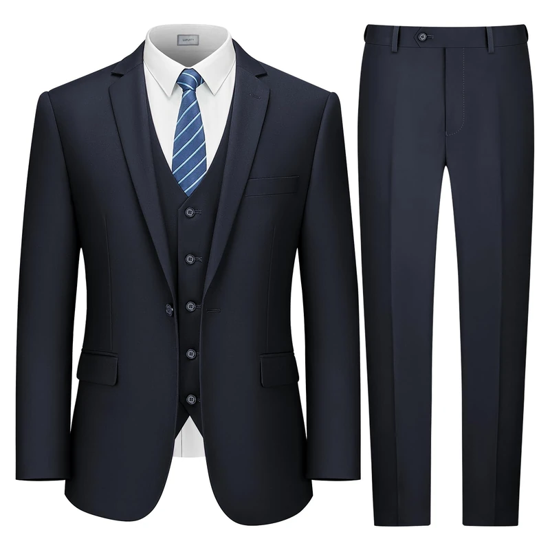 LUPURTY Suits for Men, Men's Suits Slim Fit, Solid Jacket Vest Pants with Tie, One Buttons Suit Set., Navy, X-Large