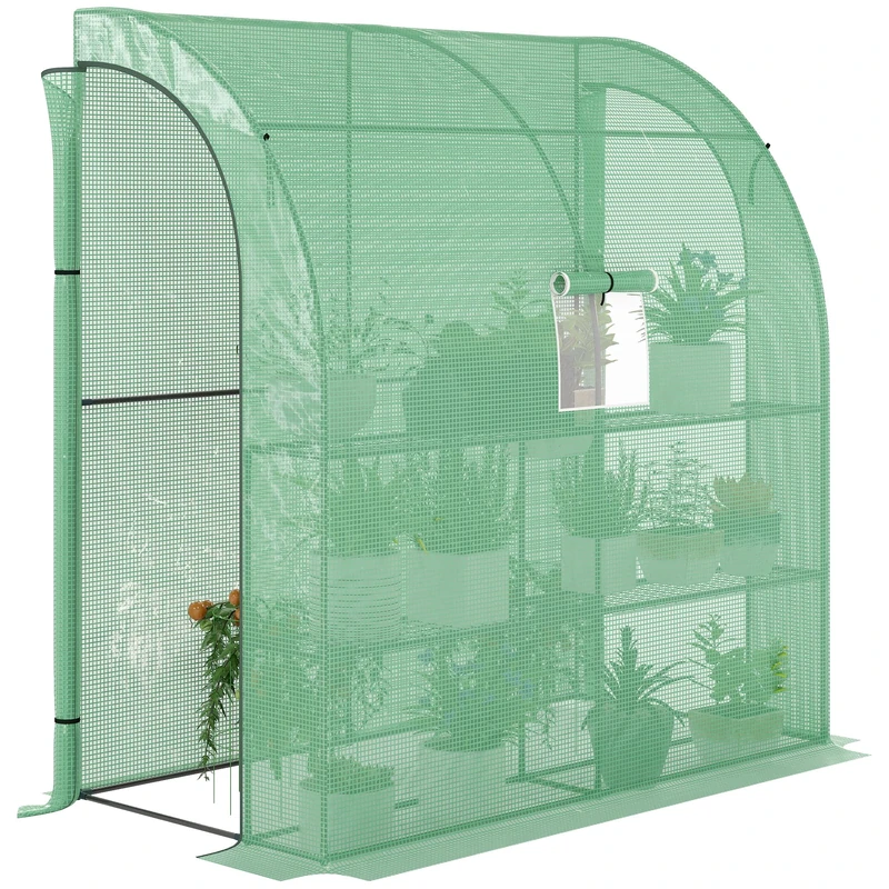 Outsunny Walk-In Lean to Wall Greenhouse with Windows and Doors, Outdoor Green House with 3 Tiers 4 Wired Shelves, 200L x 100W x 215Hcm, Green