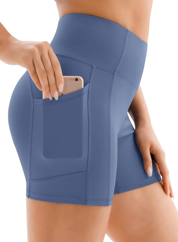 JOYSPELS Gym Shorts for Women with Pockets, High Waist Womens Shorts for Cycling Activewear Running Yoga Workout Sport Exercise Sky Blue M