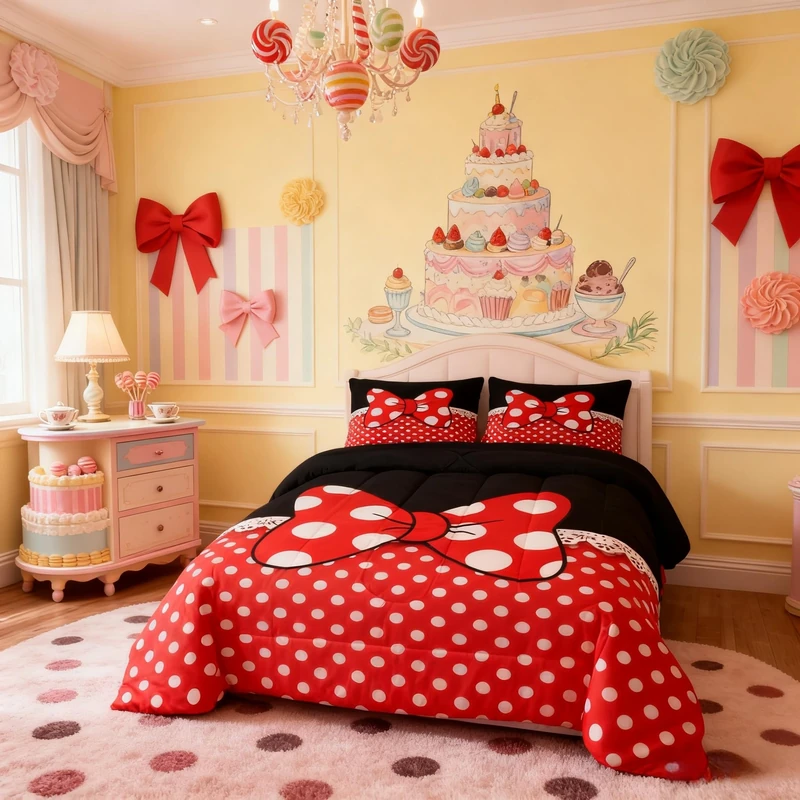 Homewish Bowknot Comforter Set Full Size,White Dots Bedding Set 3pcs for Kids Teens Girls Boys Room Decor,Romantic Princess Style Quilt Set Red and Black Duvet Insert with 2 Pillowcases