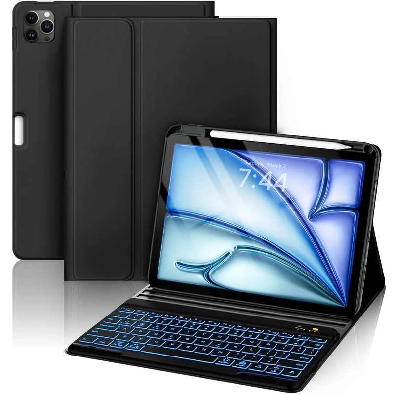 OYEEICE Keyboard Case for iPad Air 13 inch (M3 2025 / M2 2024) and iPad Pro 12.9 inch(6th,5th,4th,3rd Generation), Anti-Falloff Keycaps, 7 Colour Backlit, Detachable Keyboard (Black, Classic Style)