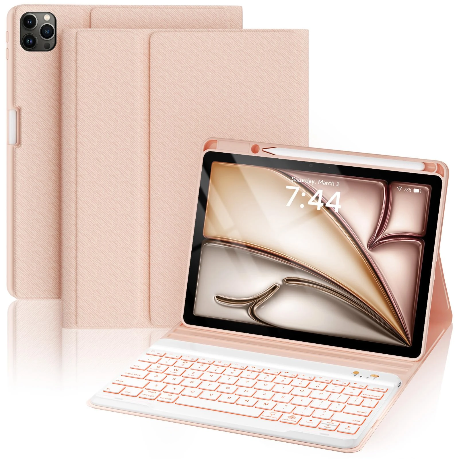 OYEEICE Keyboard Case for iPad Air 13 inch (M3 2025 / M2 2024) and iPad Pro 12.9 inch(6th,5th,4th,3rd Generation), Anti-Falloff Keycaps, 7 Colour Backlit, Detachable Keyboard (Pink, Classic Style)