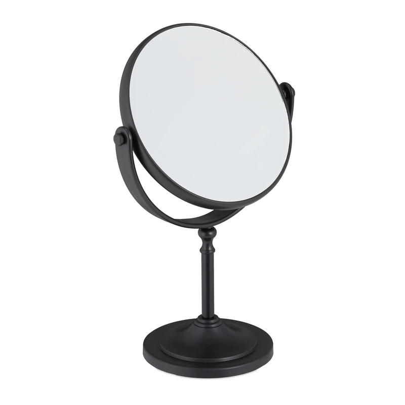 Relaxdays Makeup Mirror, 2x Magnification, Double-Sided, Swivels 360°, Round, Standing, HxWxD: 27.5x18x10.5 cm, Black