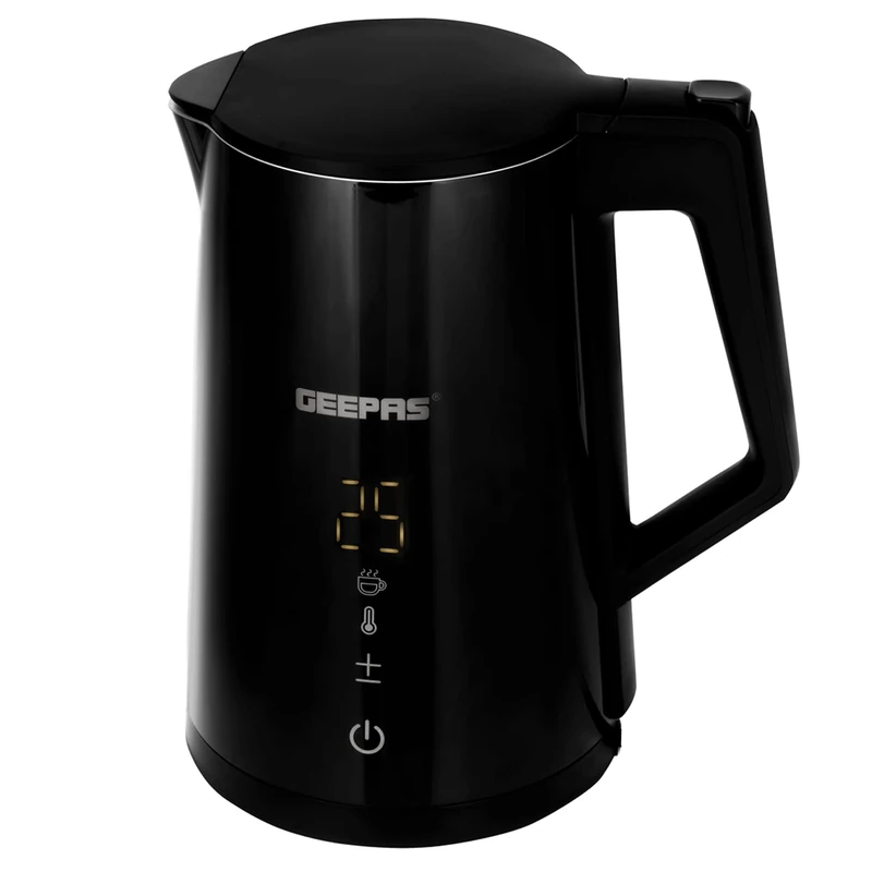 Geepas Digital Electric Kettle - Cordless Kettle, One Touch Digital Display, Auto Shut-Off & Boil-Dry Protection, Double Wall Cool Touch - 2200W Fast Boil, Stainless Steel Inner, 1.7L, Black