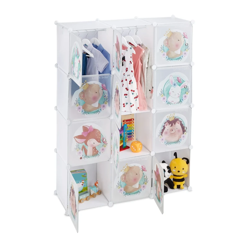 Relaxdays Plug-in Shelving Unit for Kids, 2 Clothes Rods, Doors with Animals, HxWxD: 145x110x37 cm, DIY Wardrobe, White