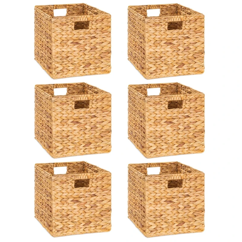 M4DECOR 12 x 12in Water Hyacinth Storage Baskets, Wicker Storage Baskets for Shelves, Woven Baskets for Storage, Wicker Storage Basket for Bedroom, Living Room, Nursery Room (Natural 6 Packs 12x12in)