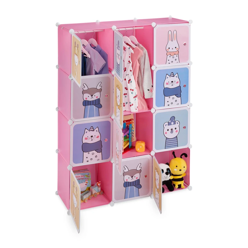 Relaxdays Plug-in Shelving Unit for Children, 2 Clothes Rods, Doors with Animals, HWD: 145x110x37 cm, DIY Storage, Pink