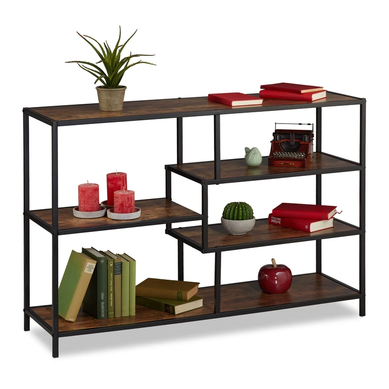 Relaxdays Shelf, Industrial Style, 5 Shelves, Wooden Look, H x W x D: 79 x 115 x 33 cm, Metal, MDF, Dark Brown/Black, Fibreboard - Image 1