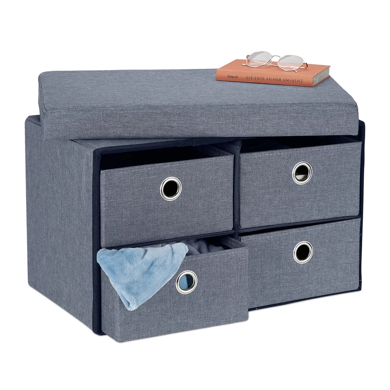 Relaxdays Storage Bench, 4 Drawers, Padded Stool for Home, Foldable, HxWxD: 39 x 60 x 38 cm, Grey, Fibreboard - Image 1