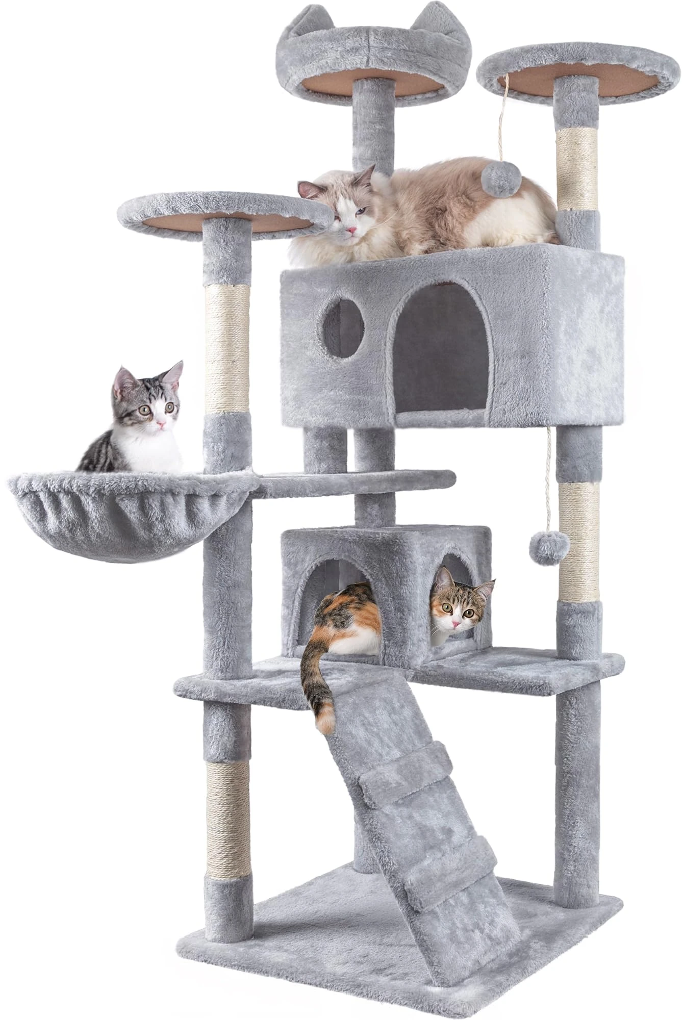 HOMIDEC Cat Tree,151cm Cat Tower for Indoor Kitty,Scratching Post Stable Activity Centre Climbing Tree with 2 Kitty Houses, Hammock, 4 Sisal Posts, Ladder, and Rest Place