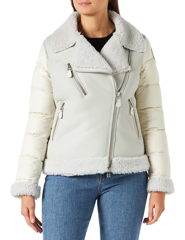 Blauer Women's Padded Shoulder Cape Leather Jacket, 112 Flour Tapioca, XXL