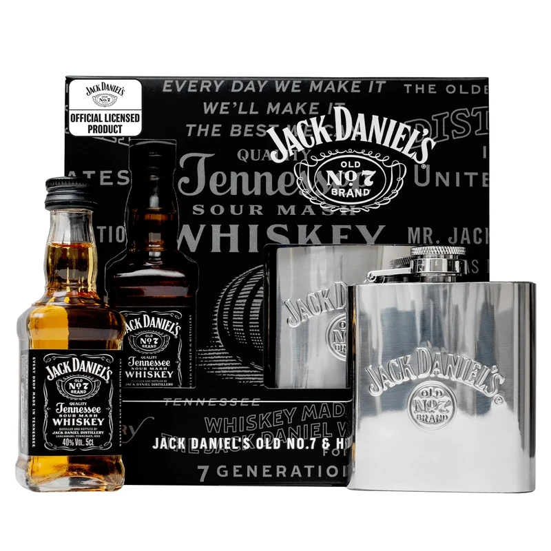 Jack Daniels Gift Set - Mini Whisky Gift Set 1x 5cl JD Whisky Old No7 Alcohol Miniatures, JD Tennessee Whiskey 3oz Hip Flask - Jack Daniels Gifts for Men, Birthday, Boyfriend, Valentines Day