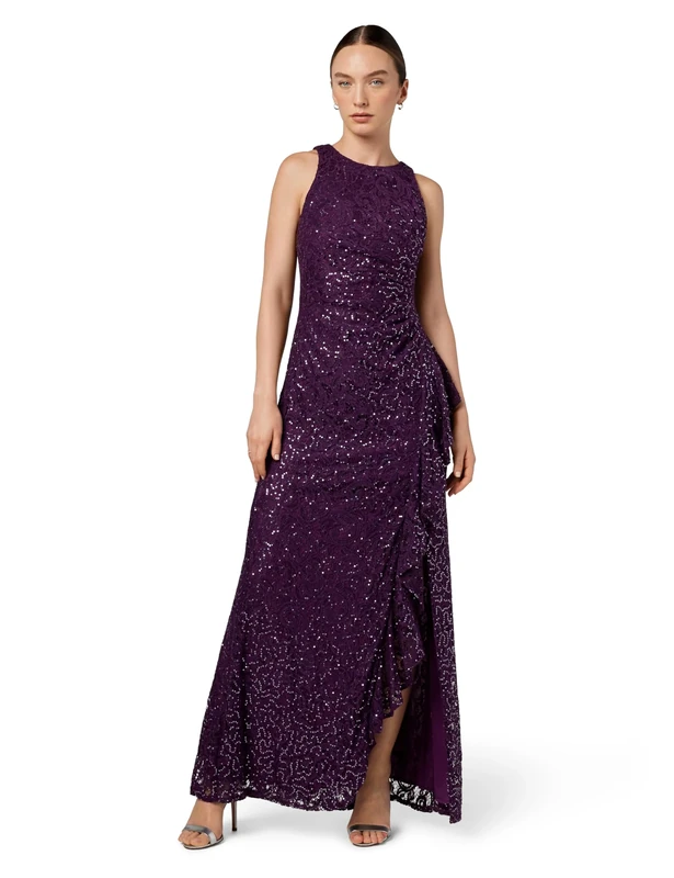 Alex Evenings Women's Long Sleeveless Mother of The Bride Dress W/Cascade Ruffle & Front Slit, (Petite and Regular Sizes), Plum, 18