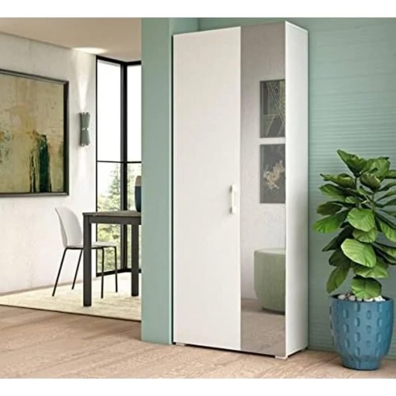 Dmora - Shoe rack Tarassaco, Multipurpose hall furniture with mirrored door, Modern shoe cabinet with 6 shelves, 100% Made in Italy, 72x37h195 cm, White