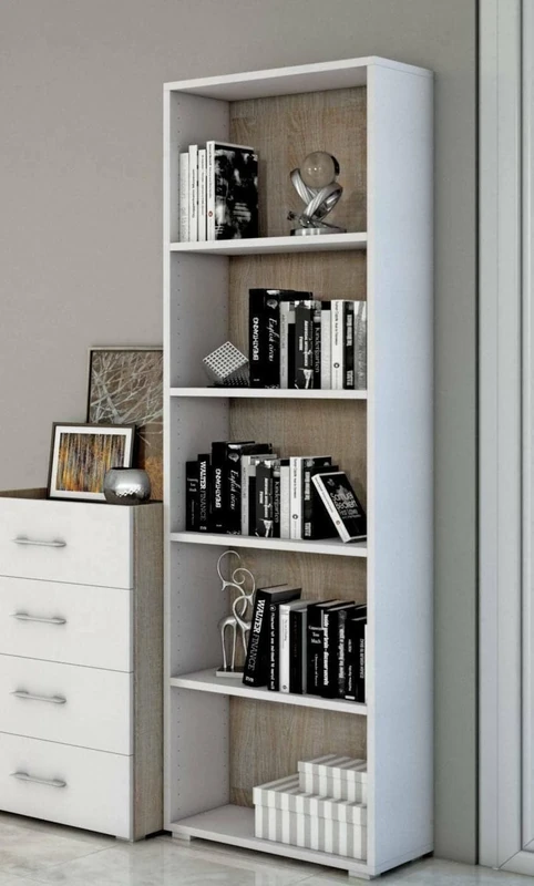 Dmora - Bookshelf Girasole, Library with 4 adjustable shelves, Bookshelf, Wall unit with shelves, 100% Made in Italy, 60x30h195 cm, White and Oak