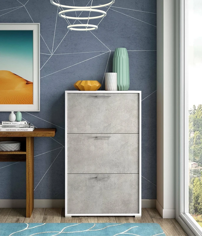 Dmora - Shoe rack Iris, Multipurpose entrance furniture with 3 flap doors, Modern shoe cabinet, 100% Made in Italy, 67x18h112 cm, White and Cement Grey