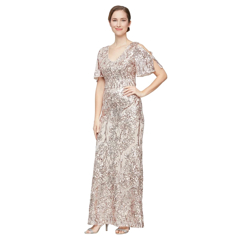 Alex Evenings Women's Long Mother of The Bride Sequin Dress with Cold Shoulder Flutter Sleeves (Petite and Regular Sizes) Formal Night, Sand, 20
