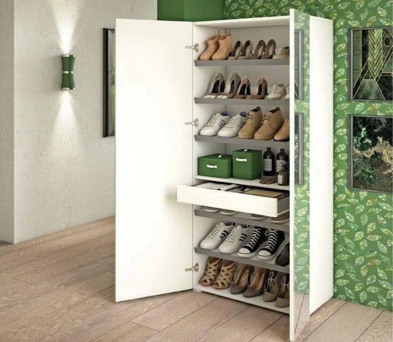 Dmora - Shoe rack Tarassaco, Multipurpose hall furniture with mirrored door, Modern shoe cabinet with 6 shelves, 100% Made in Italy, 72x37h195 cm, White and Cement Grey