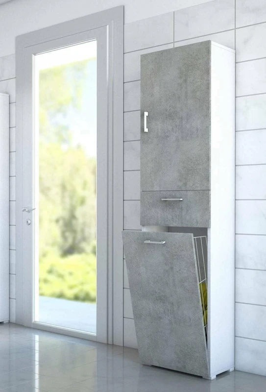 Dmora - Multipurpose wardrobe Escolzia, Linear laundry cabinet with 2 doors, Bathroom column with laundry basket, 100% Made in Italy, 45x32h195 cm, Cement Grey and White