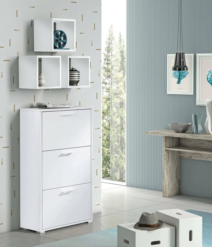 Dmora - Shoe rack Peonia, Multipurpose entrance furniture with 3 flap doors, Double depth shoe cabinet, 100% Made in Italy, 67x28h112 cm, White