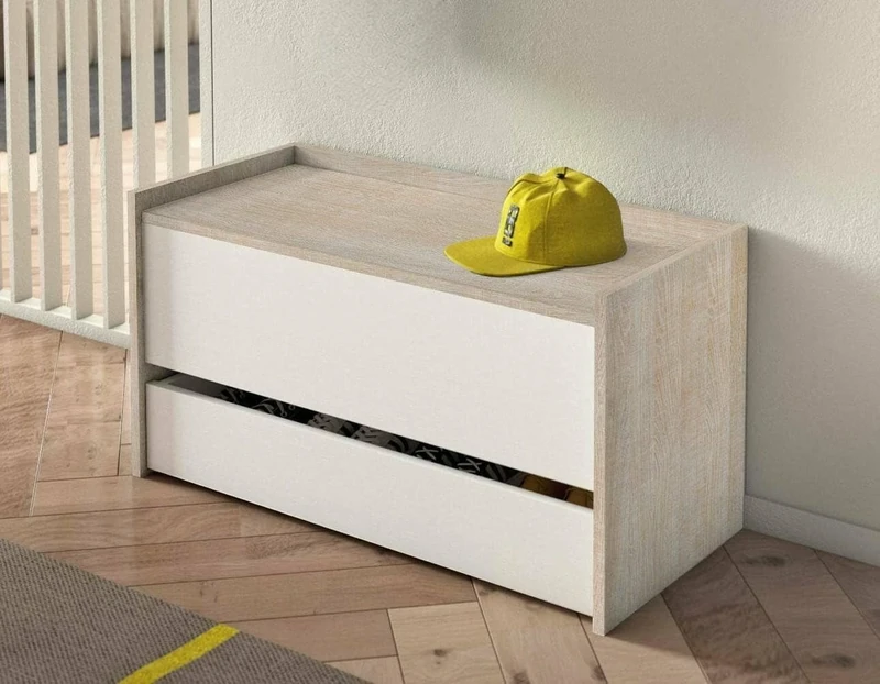 Dmora - Chest Lantana, Modern entrance furniture with shoe rack, Trunk chest with two containers, 100% Made in Italy, 90x40h46 cm, White and Oak
