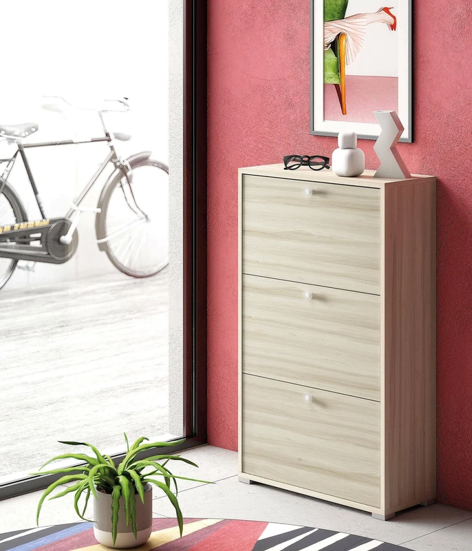 Dmora - Shoe rack Peonia, Multipurpose entrance furniture with 3 flap doors, Double depth shoe cabinet, 100% Made in Italy, 67x28h112 cm, Elm