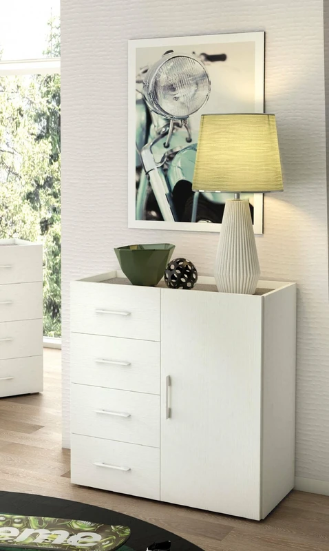 Dmora - Dresser Violetta, Buffet unit with 1 door and 4 drawers, Living room sideboard, Multipurpose cabinet with shelves, 100% Made in Italy, 90x41h87 cm, White