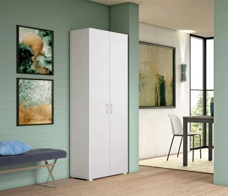 Dmora - Multipurpose wardrobe Ginestra, Linear cabinet with 2 hinged doors, 6 - shelf wardrobe, Modern shoe rack, 100% Made in Italy, 72x37h195 cm, White