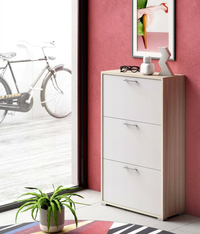 Dmora - Shoe rack Peonia, Multipurpose entrance furniture with 3 flap doors, Double depth shoe cabinet, 100% Made in Italy, 67x28h112 cm, White and Elm