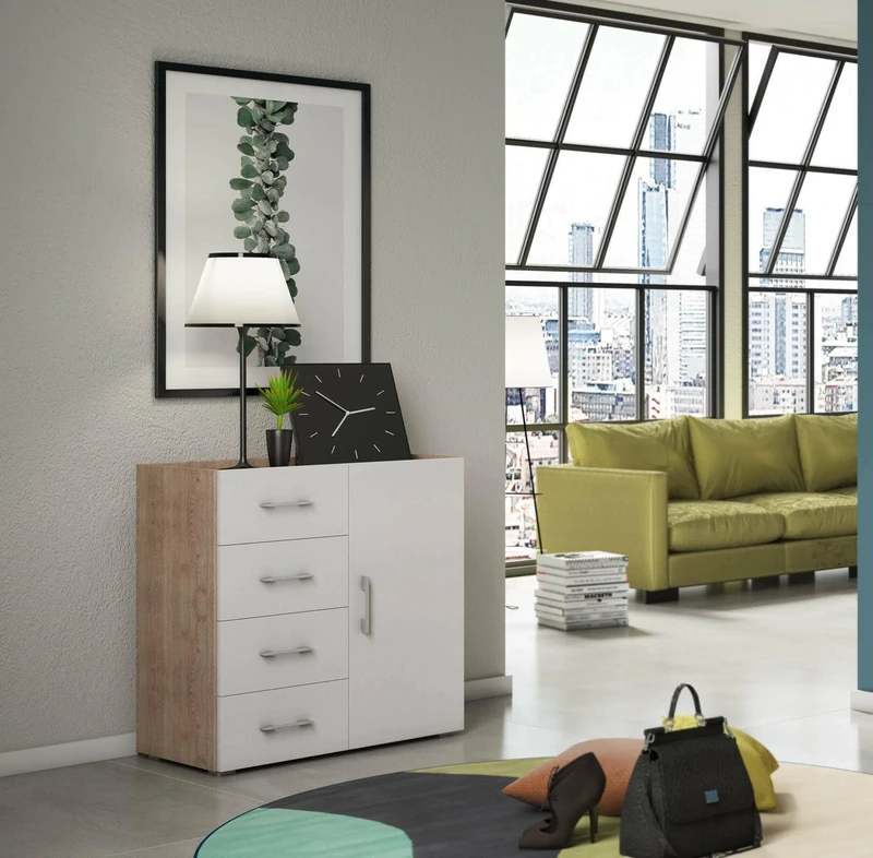 Dmora - Dresser Violetta, Buffet unit with 1 door and 4 drawers, Living room sideboard, Multipurpose cabinet with shelves, 100% Made in Italy, 90x41h87 cm, White and Oak