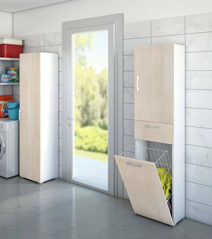 Dmora - Multipurpose wardrobe Escolzia, Linear laundry cabinet with 2 doors, Bathroom column with laundry basket, 100% Made in Italy, 45x32h195 cm, Oak and White