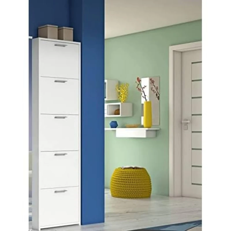 Dmora - Shoe rack Dafne, Multipurpose entrance furniture with 5 doors, Modern shoe cabinet with shelves, 100% Made in Italy, 50x18h178 cm, White