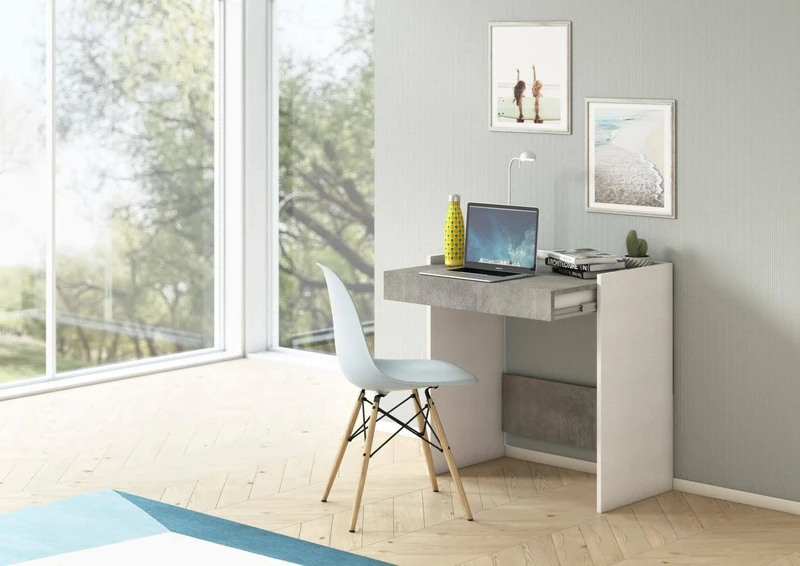 Dmora - Desk Clematide, Modern desk with drawer, Study or office table for PC book holder, 100% Made in Italy, 80x40h79 cm, White and Cement Grey